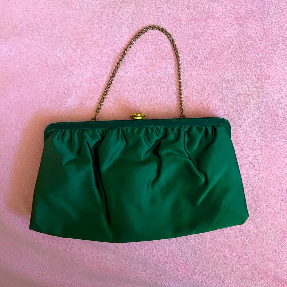 Vintage hand bag . Gold chain and green satin bag .